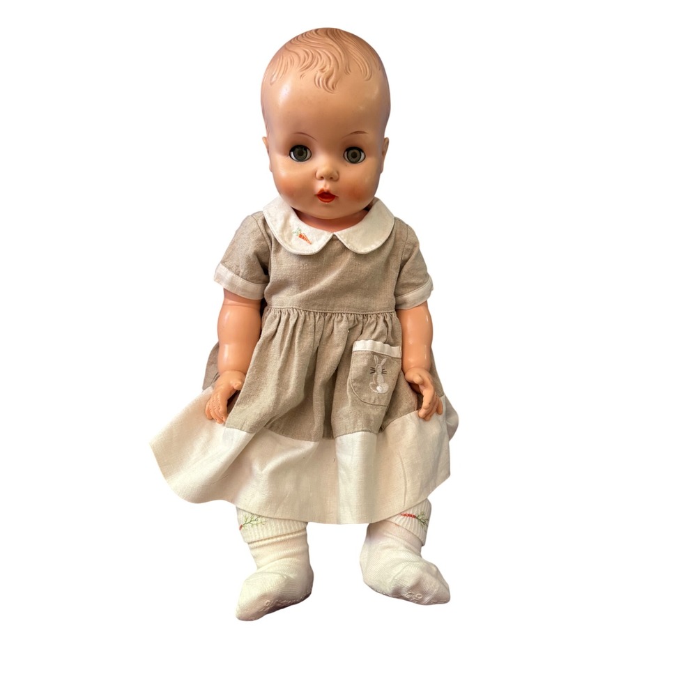 Vintage Horsman full plastic body drink and wet baby doll 70s with bunny outfit